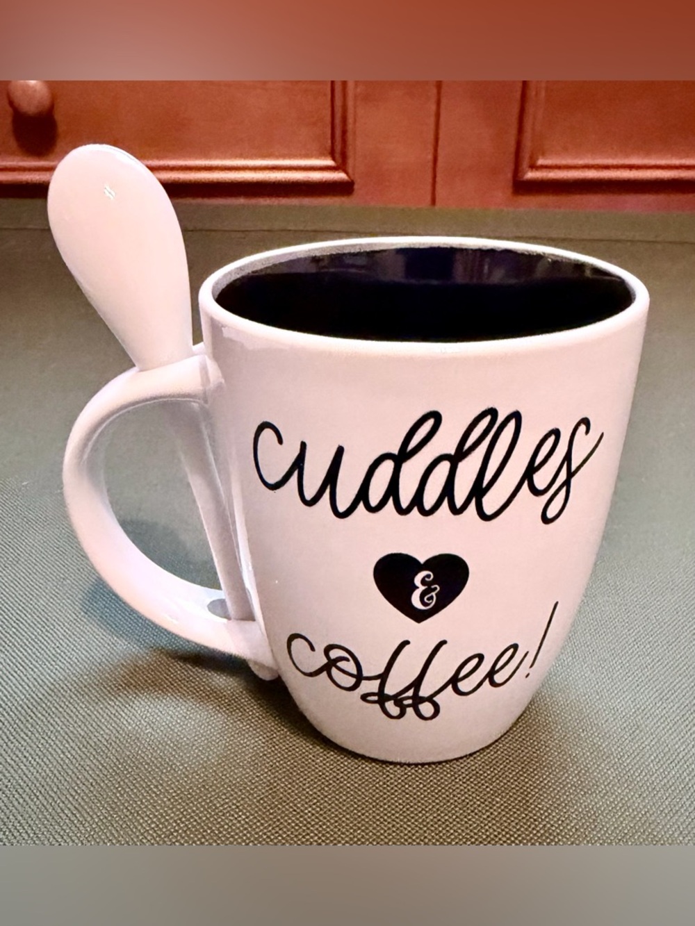 Cuddles & Coffee Ceramic Spoon Mug - White with Black Interior